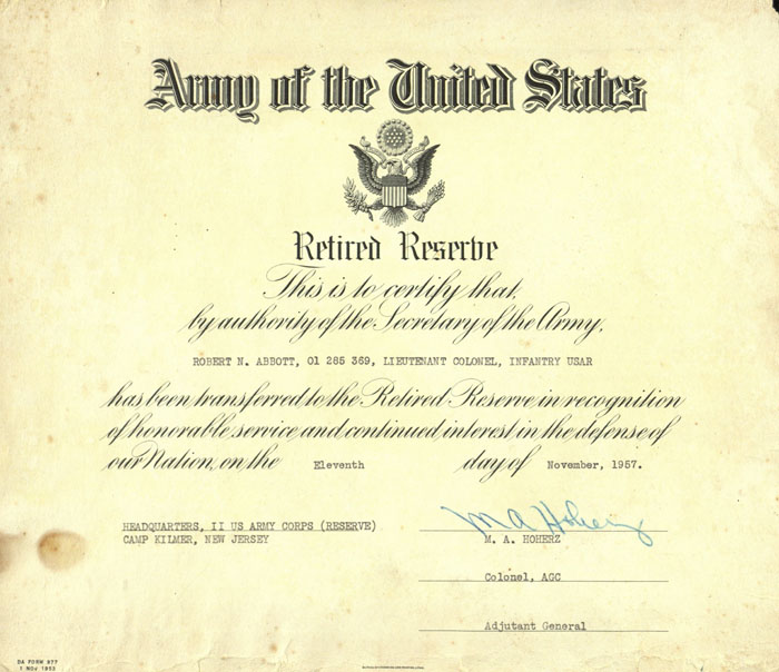 Certificate, US Army Retired Reserve