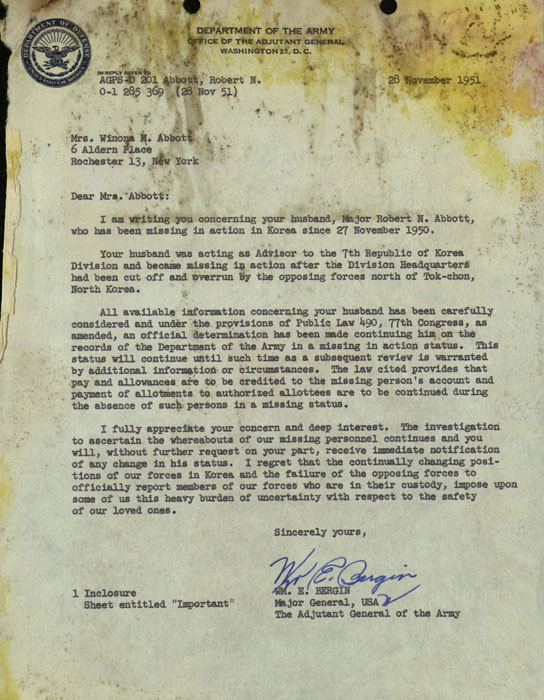 Letter, Adjutant General William Bergin to Winona Abbott