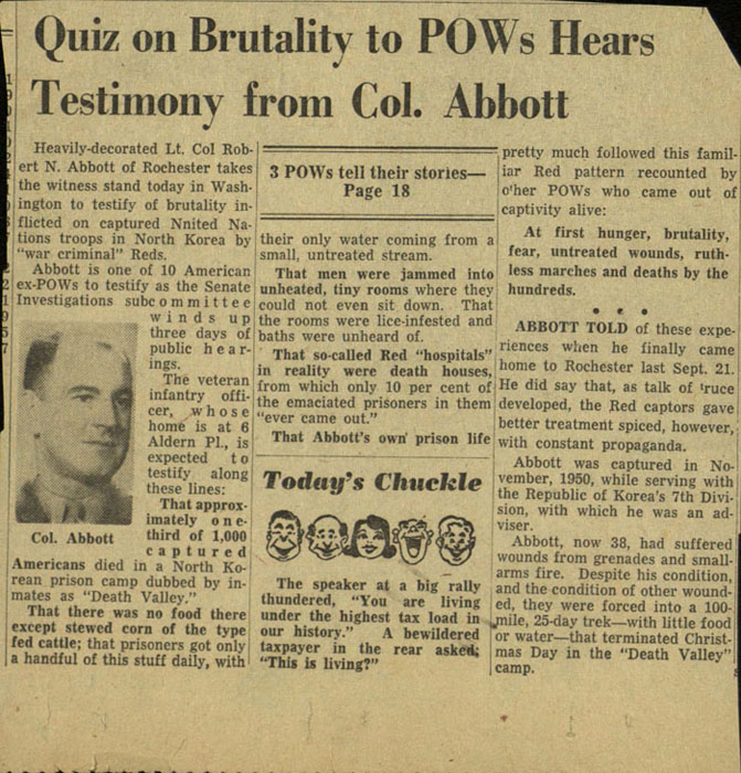 Article, “Quiz on Brutality to POWs Hears Testimony from Col. Abbott”