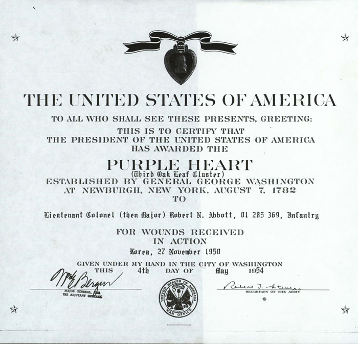 Certificate, Purple Heart Award