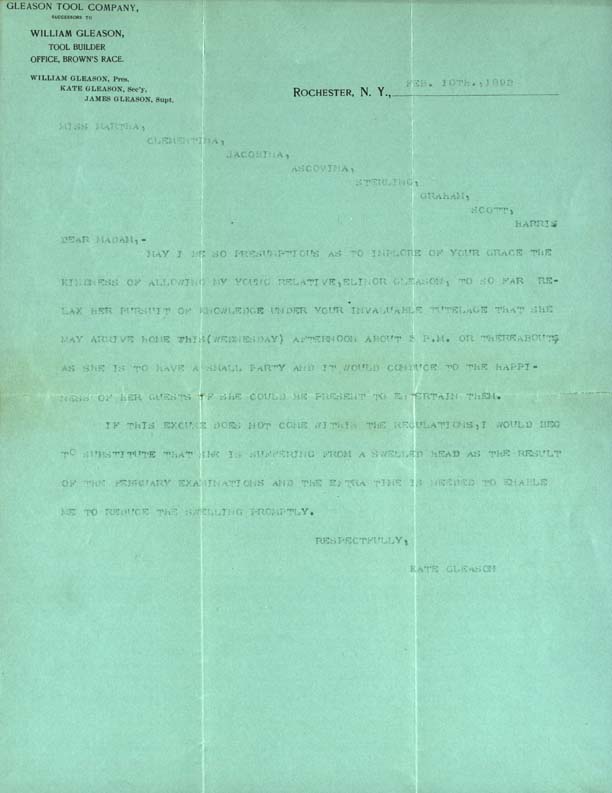 Letter, Kate Gleason to Eleanor Gleason’s school