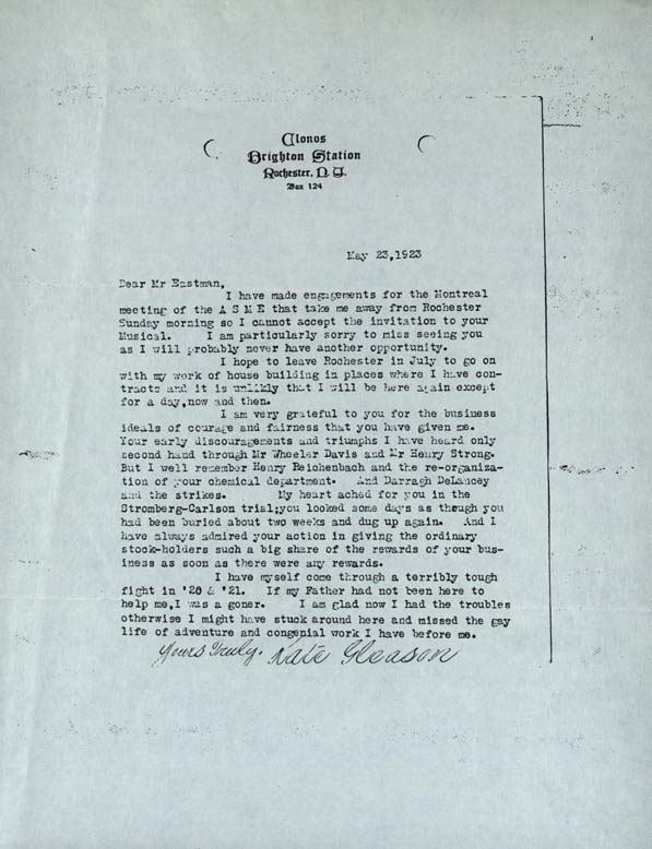 Letter, Kate Gleason to George Eastman
