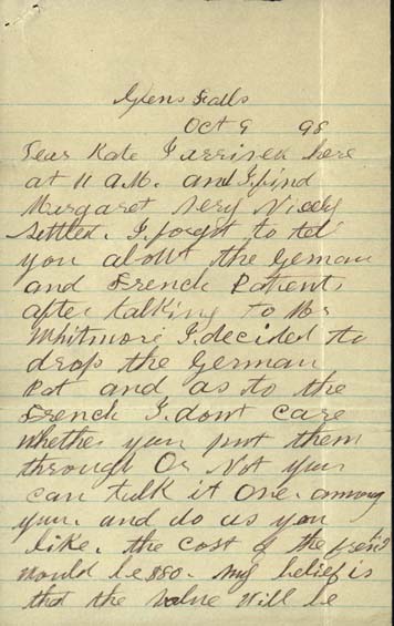 Letter, William Gleason to Kate Gleason Page 1