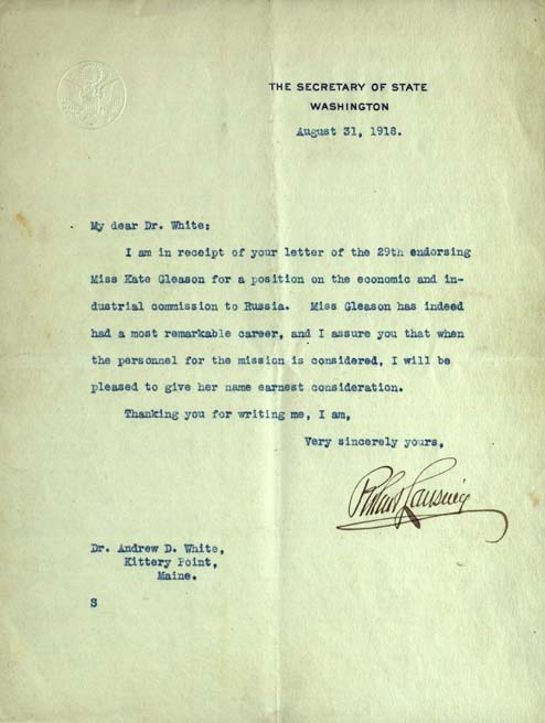 Letter, Robert Lansing to Andrew Dickson White