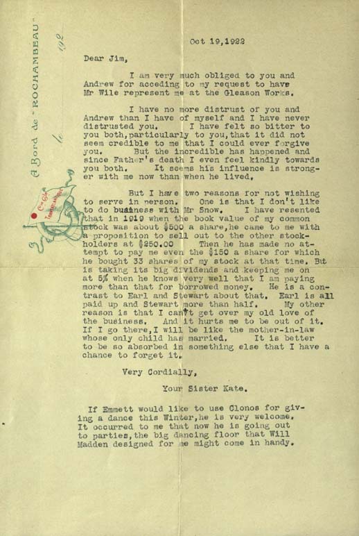 Letter, Kate Gleason to James Gleason