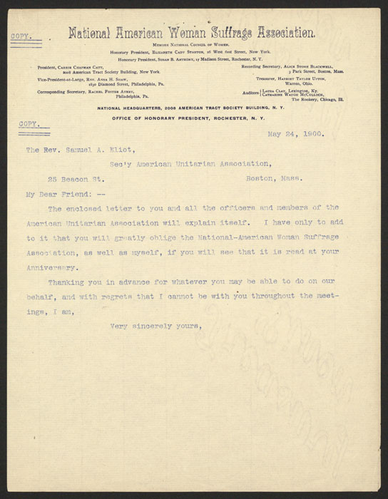 Letter, Susan B. Anthony to the Rev. Samuel A. Eliot