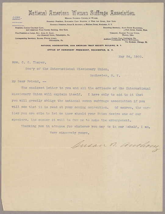 Letter, Susan B. Anthony to Mrs. C.C. Thayer