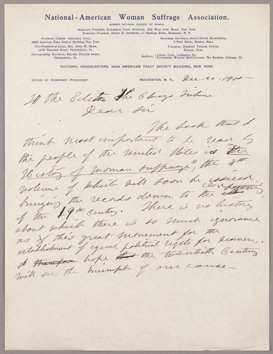 Letter, Susan B. Anthony to Chicago Tribune, editor