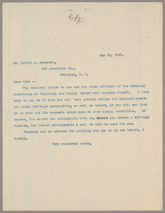 Letter, Susan B. Anthony to Darwin J. Meserole