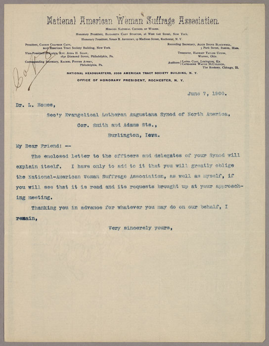 Letter, Susan B. Anthony to Dr. L. Holmes