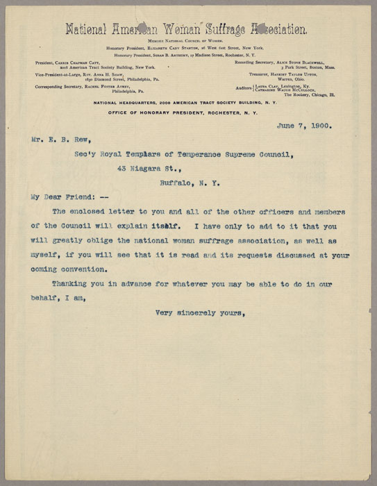 Letter, Susan B. Anthony to E.B. Rew