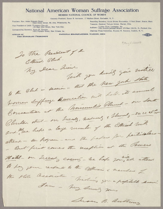Letter, Susan B. Anthony to Mary L. Gannett