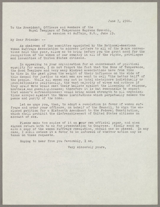 Letter, Susan B. Anthony to the Royal Templars of Temperance