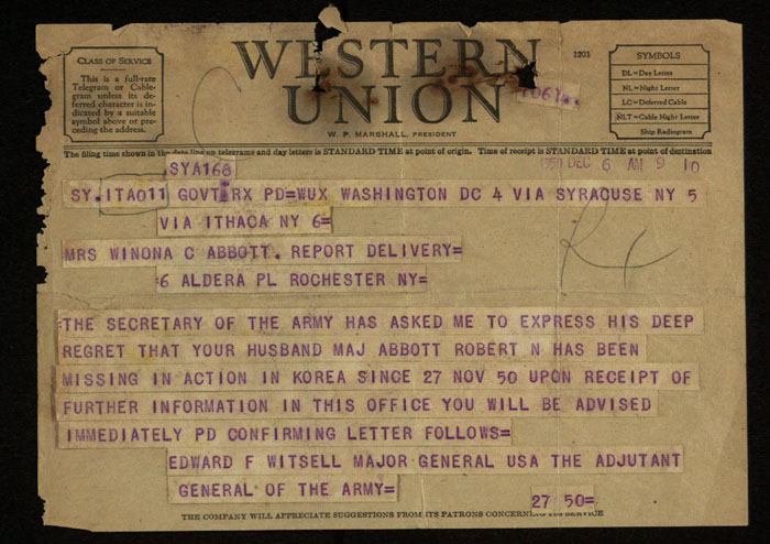 Telegram, General Edward Witsell to Winona Abbott