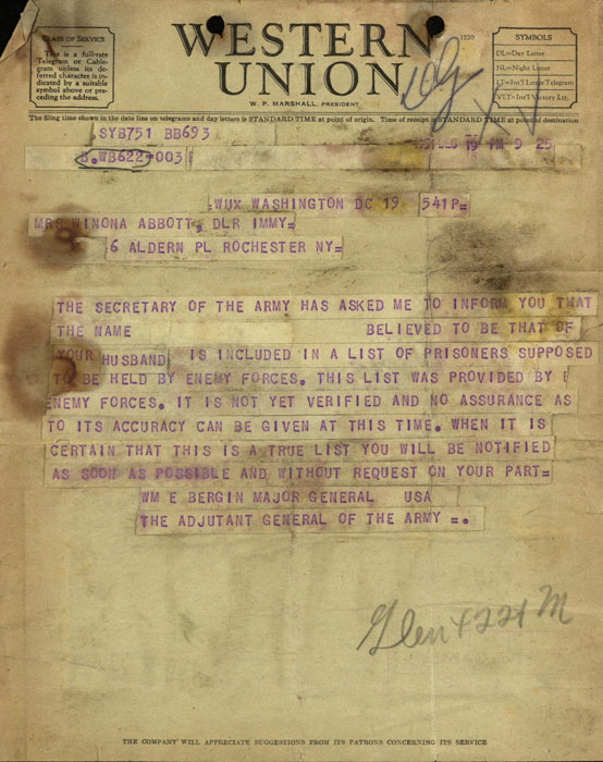 Telegram, Adjutant General William Bergin to Winona Abbott