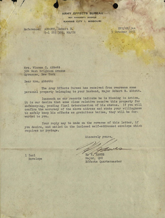 Letter, Major H.V. Hawes to Winona Abbott