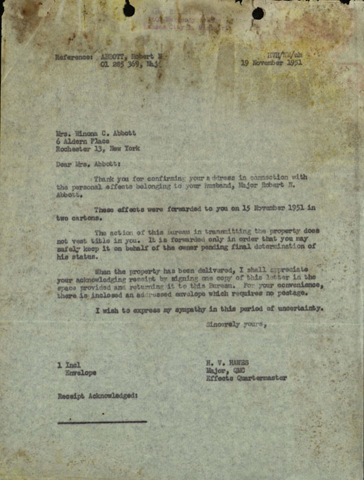 Letter, Major H.V. Hawes to Winona Abbott