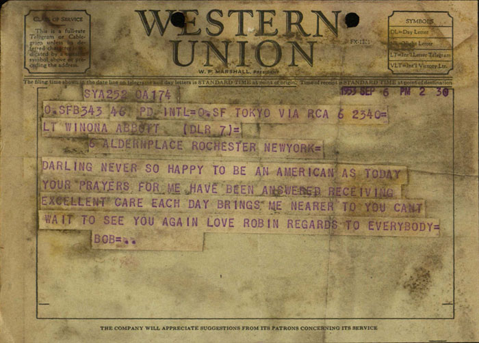 Telegram, Robert Abbott to Winona Abbott