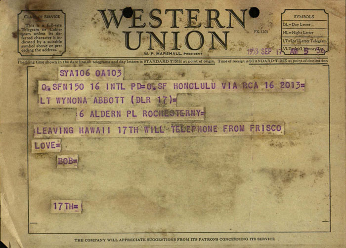 Telegram, Robert Abbott to Winona Abbott