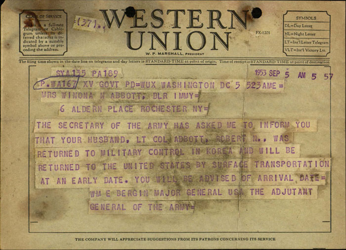 Telegram, Adjutant General William Bergin to Winona Abbott