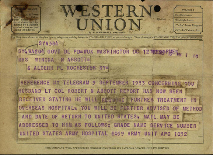 Telegram, Adjutant General William Bergin to Winona Abbott