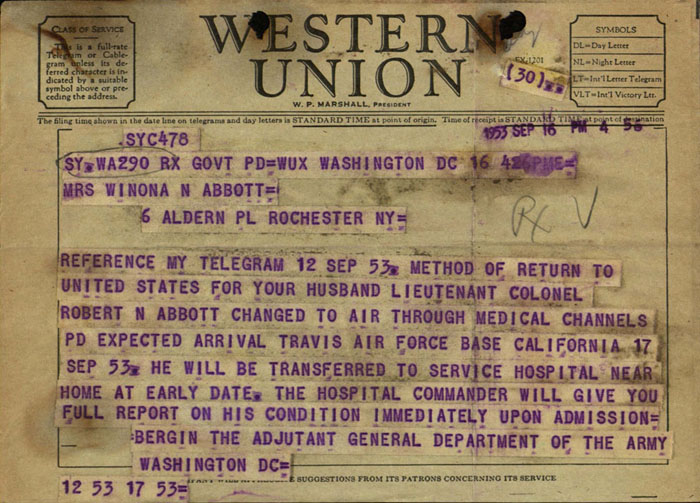 Telegram, Adjutant General William Bergin to Winona Abbott