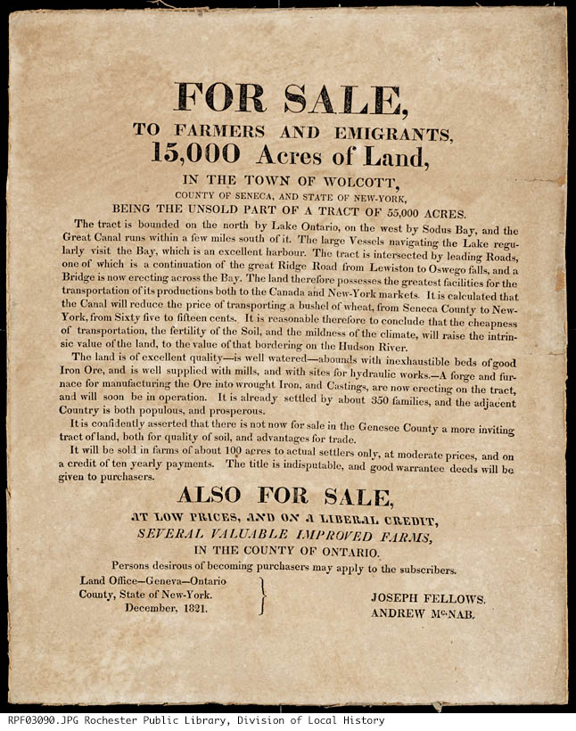 Broadside, land and farms for sale Rochester Voices