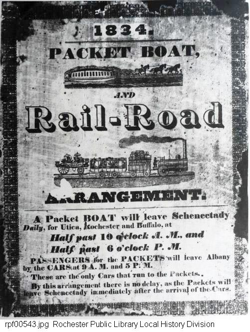 Broadside, packet boat and railroad schedule